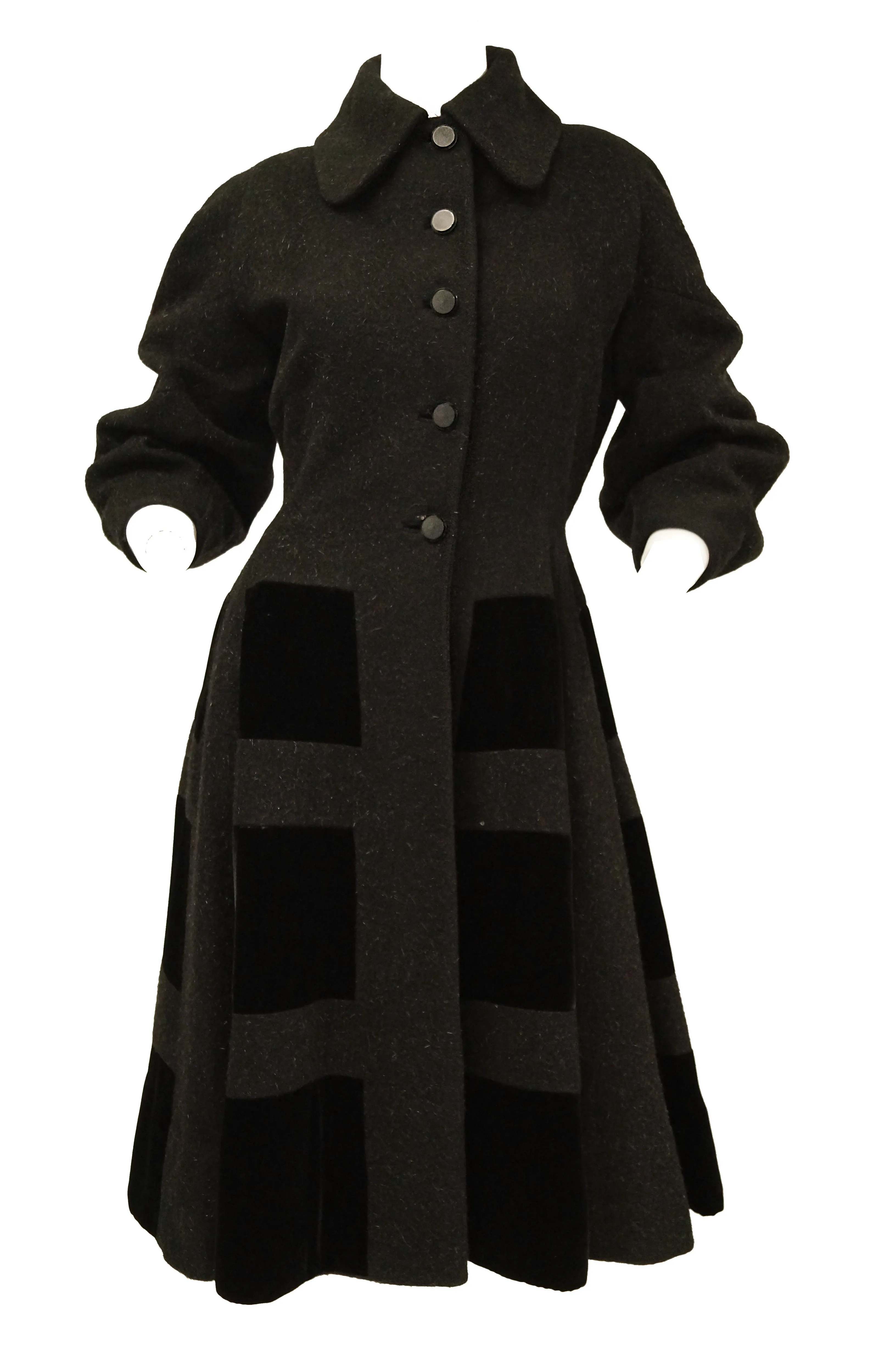 1950s Lilli Ann Black Mohair, Wool, and Velvet Blocked Princess Coat