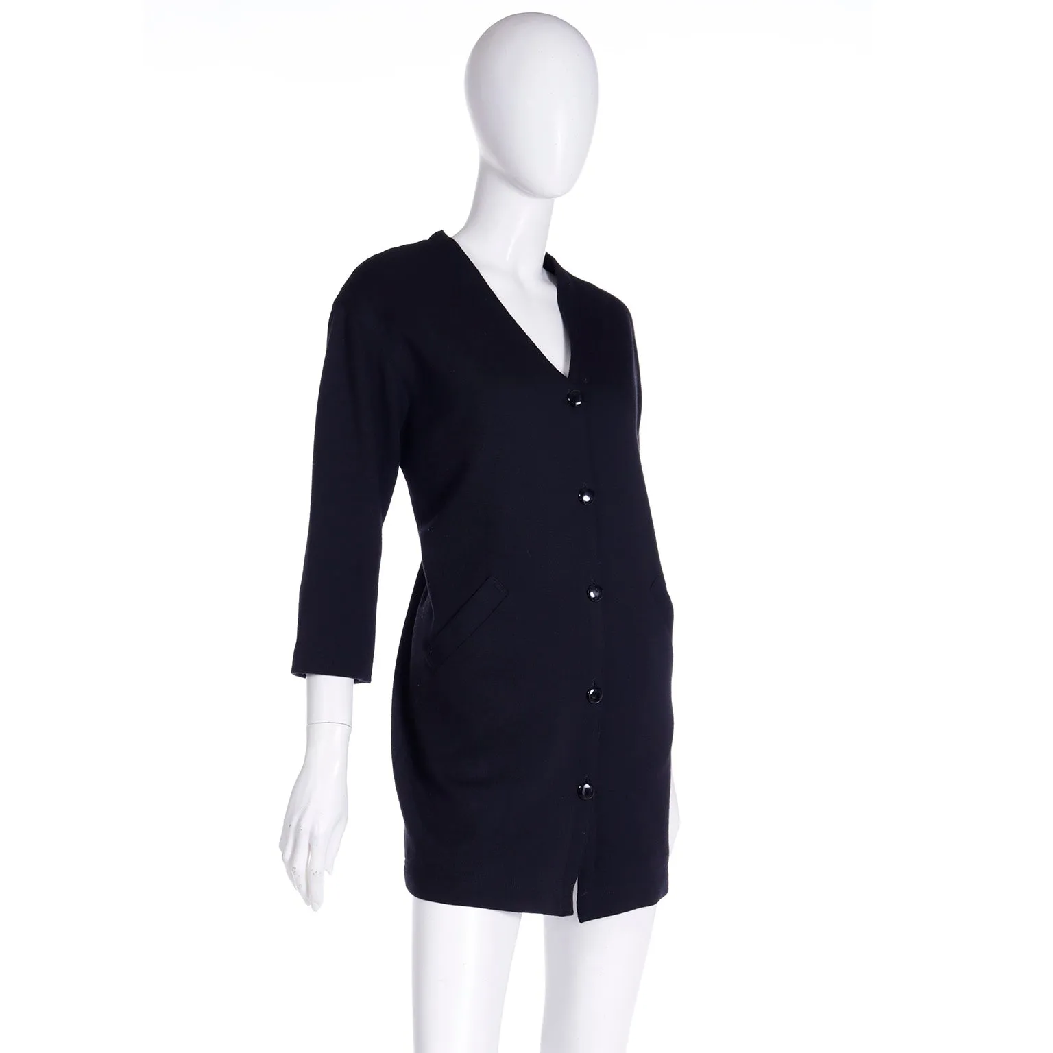 1980s Isaac Mizrahi Fully Lined Black Wool Cardigan Sweater Mini Dress