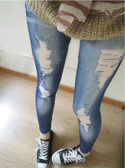 2016 Spring Summer Women's Faux Denim Look Jeans Leggings Jeggings Skinny Slim Pencil Pants Slim False Hole Imitation Jeans