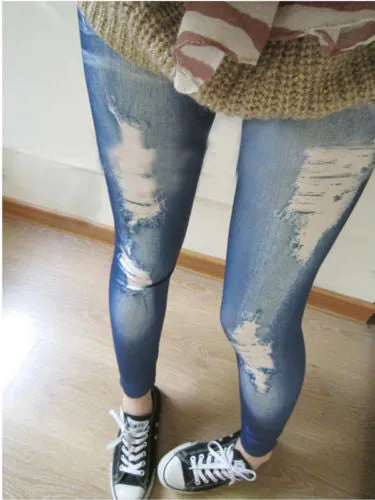 2016 Spring Summer Women's Faux Denim Look Jeans Leggings Jeggings Skinny Slim Pencil Pants Slim False Hole Imitation Jeans