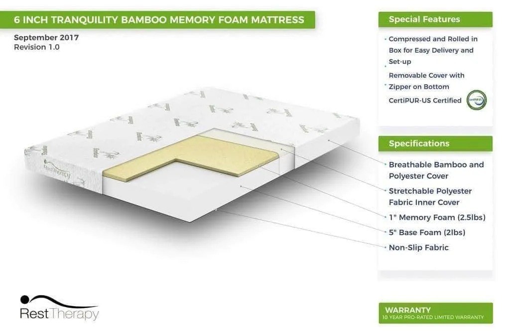 6 Inch Tranquility Bamboo Memory Foam Mattress - Available in 4 Sizes