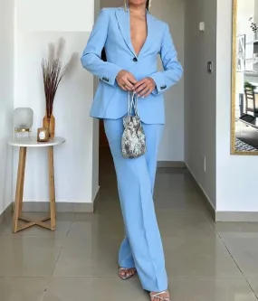 A&A Spring Blue Single Button Wide Leg Pant Suit