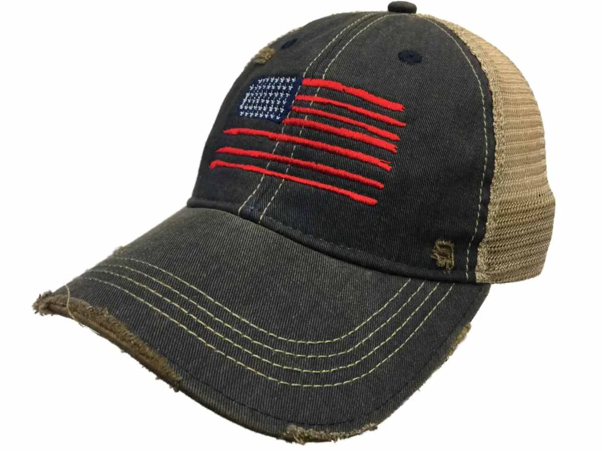 American Flag Retro Brand Denim Washed Distressed Mesh Snapback Hat Cap