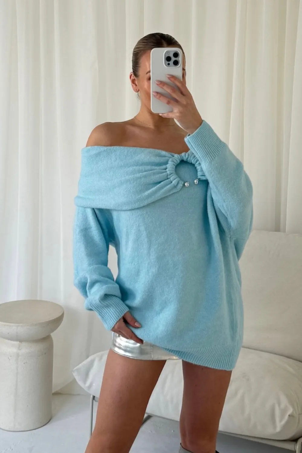 Aurelia baby blue off the shoulder ring knit jumper