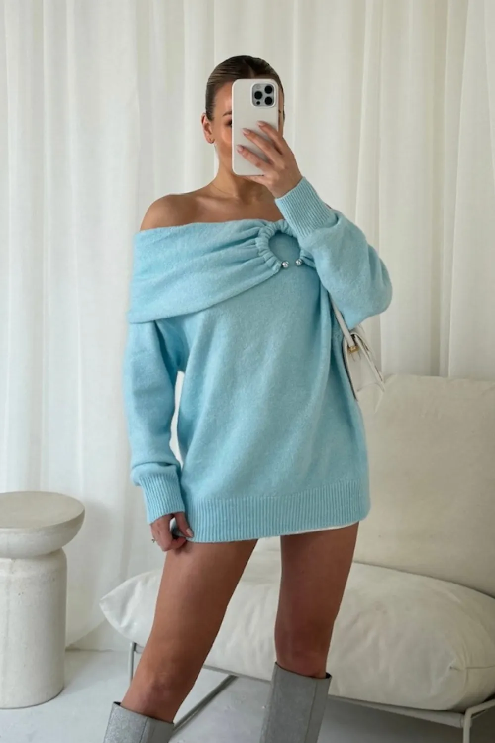 Aurelia baby blue off the shoulder ring knit jumper