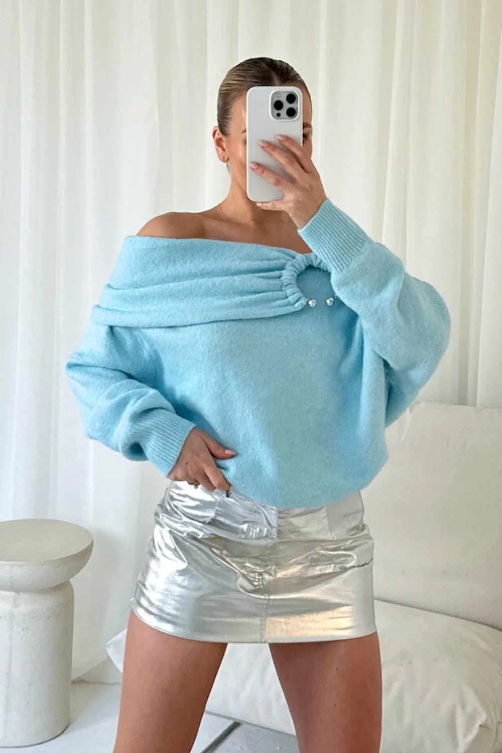 Aurelia baby blue off the shoulder ring knit jumper