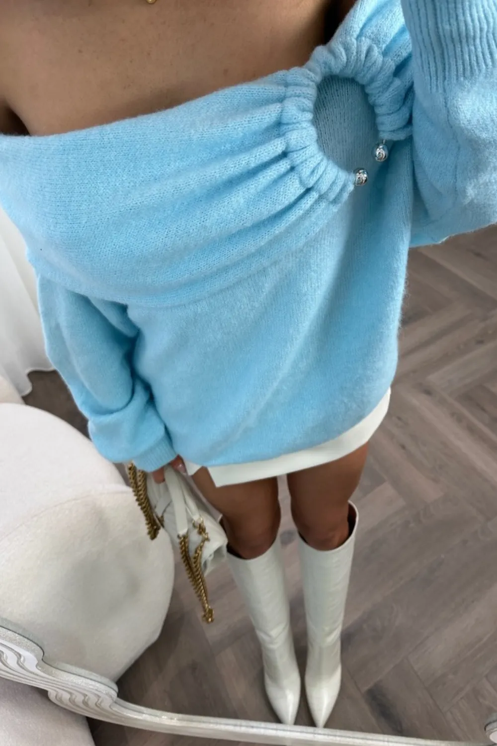 Aurelia baby blue off the shoulder ring knit jumper