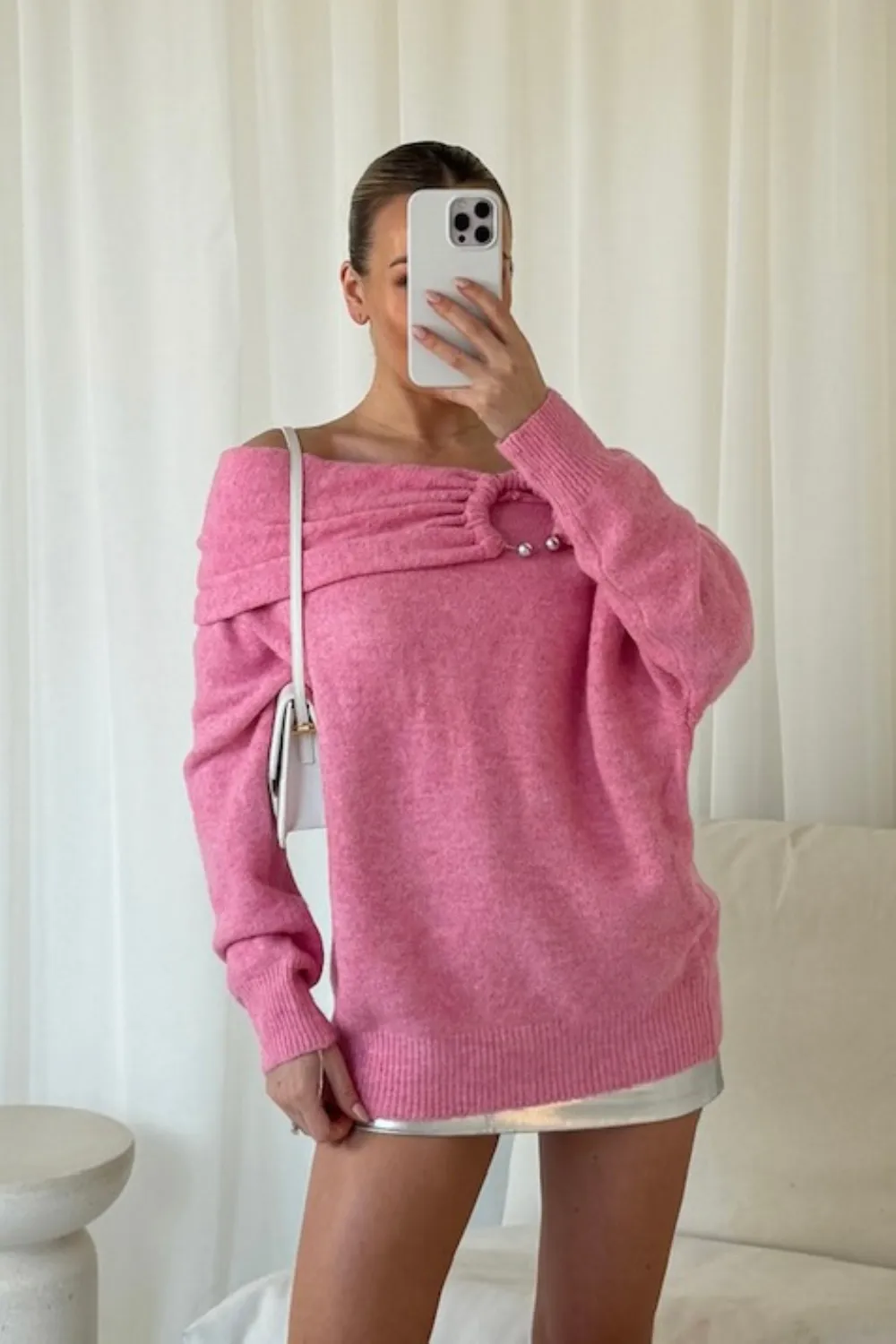 Aurelia pink off the shoulder ring knit jumper