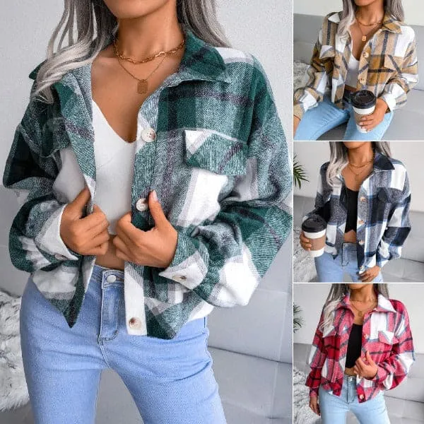 Autumn and Winter Checker Lantern Long Sleeve Woolen Coat Jacket