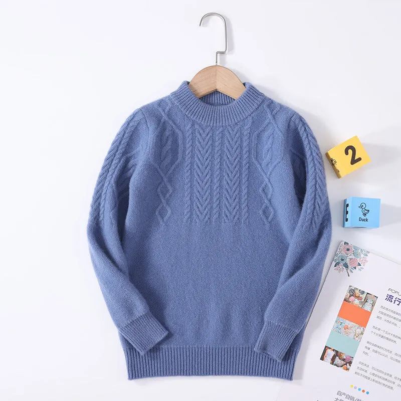 Autumn and winter new 100% pure wool girls casual base baby round neck boys thickened knitted sweater pullover to keep warm