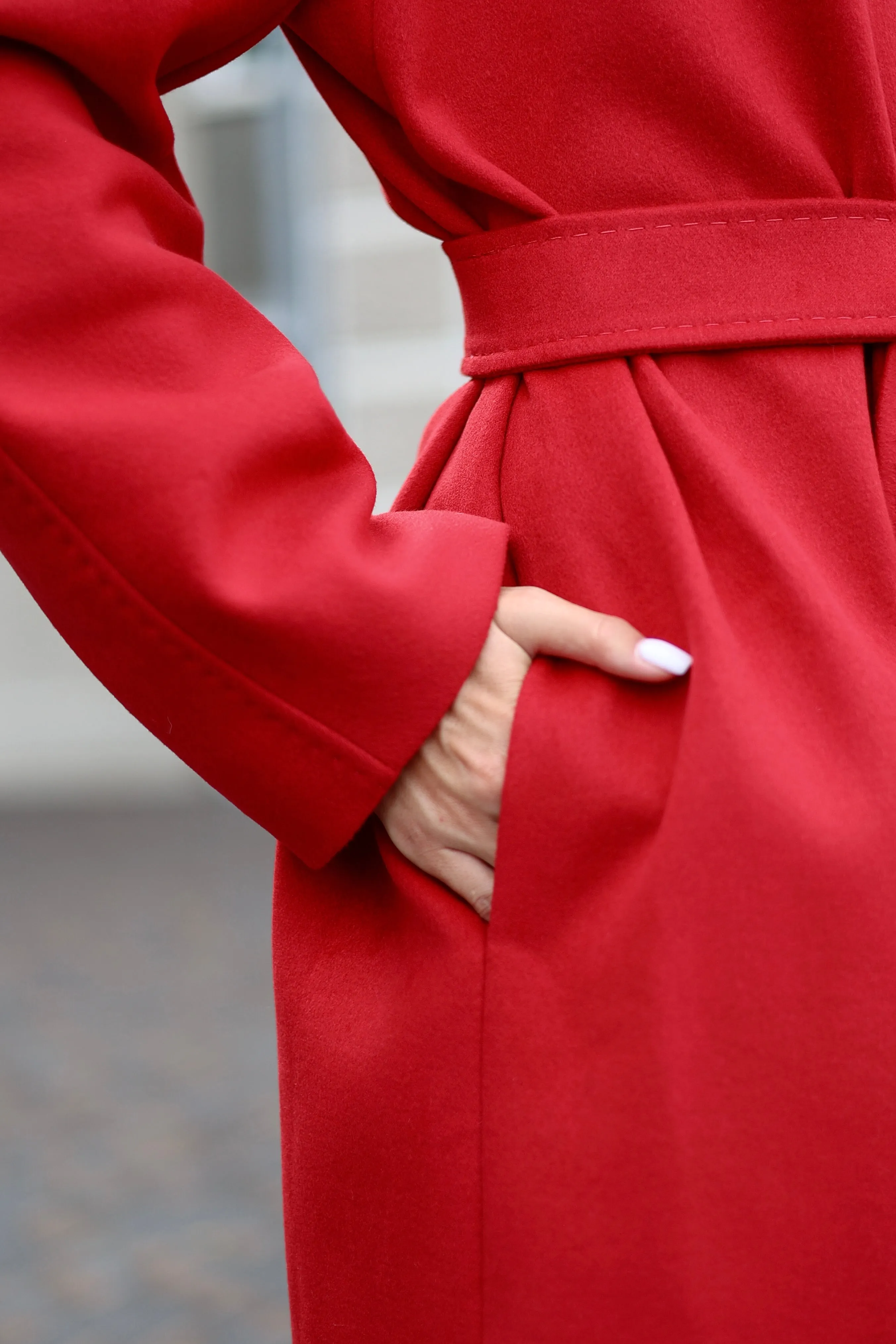 Band Collar Wool Blend Coat in Autumn Red