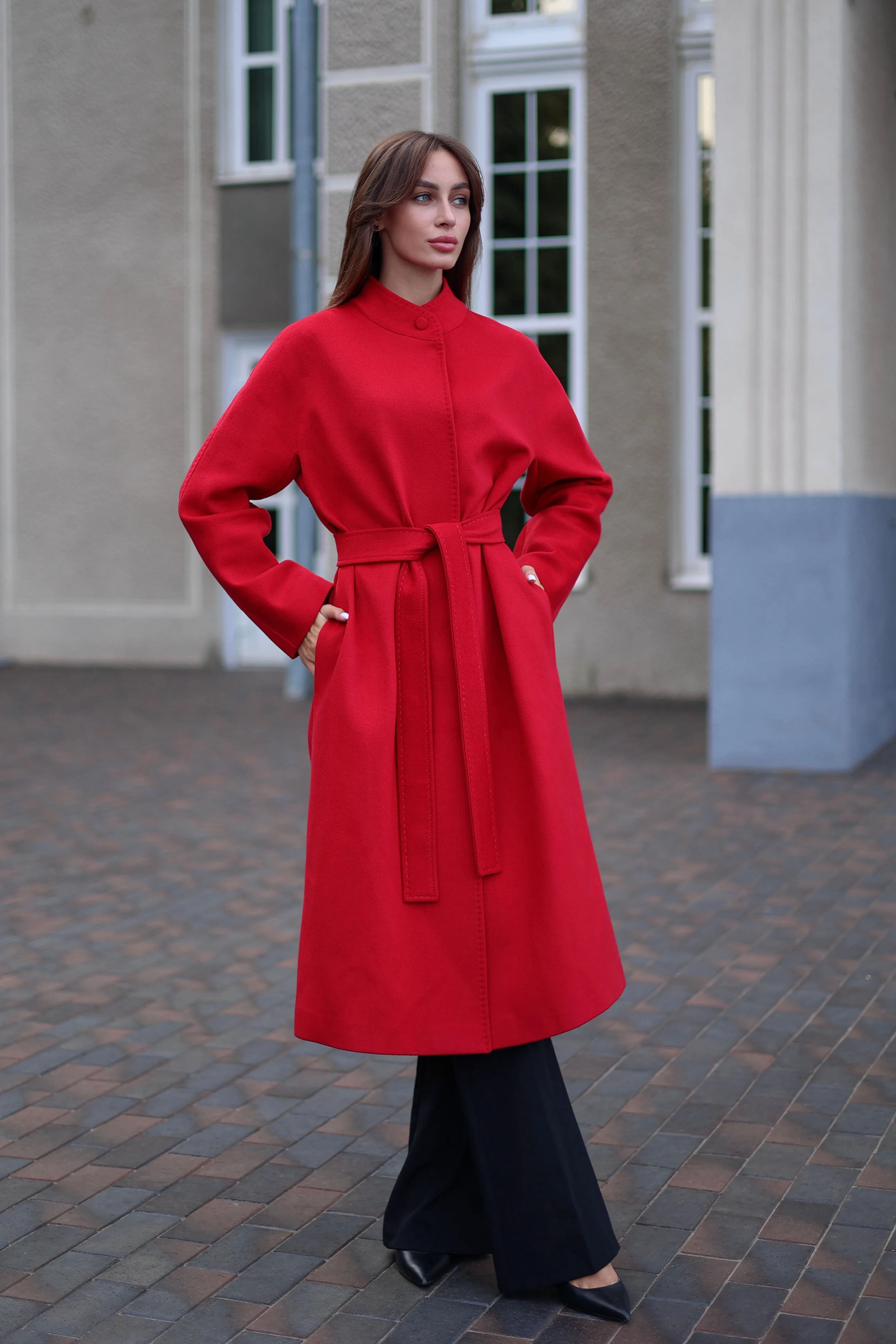 Band Collar Wool Blend Coat in Autumn Red