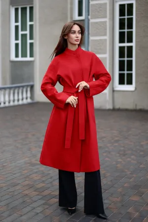 Band Collar Wool Blend Coat in Autumn Red