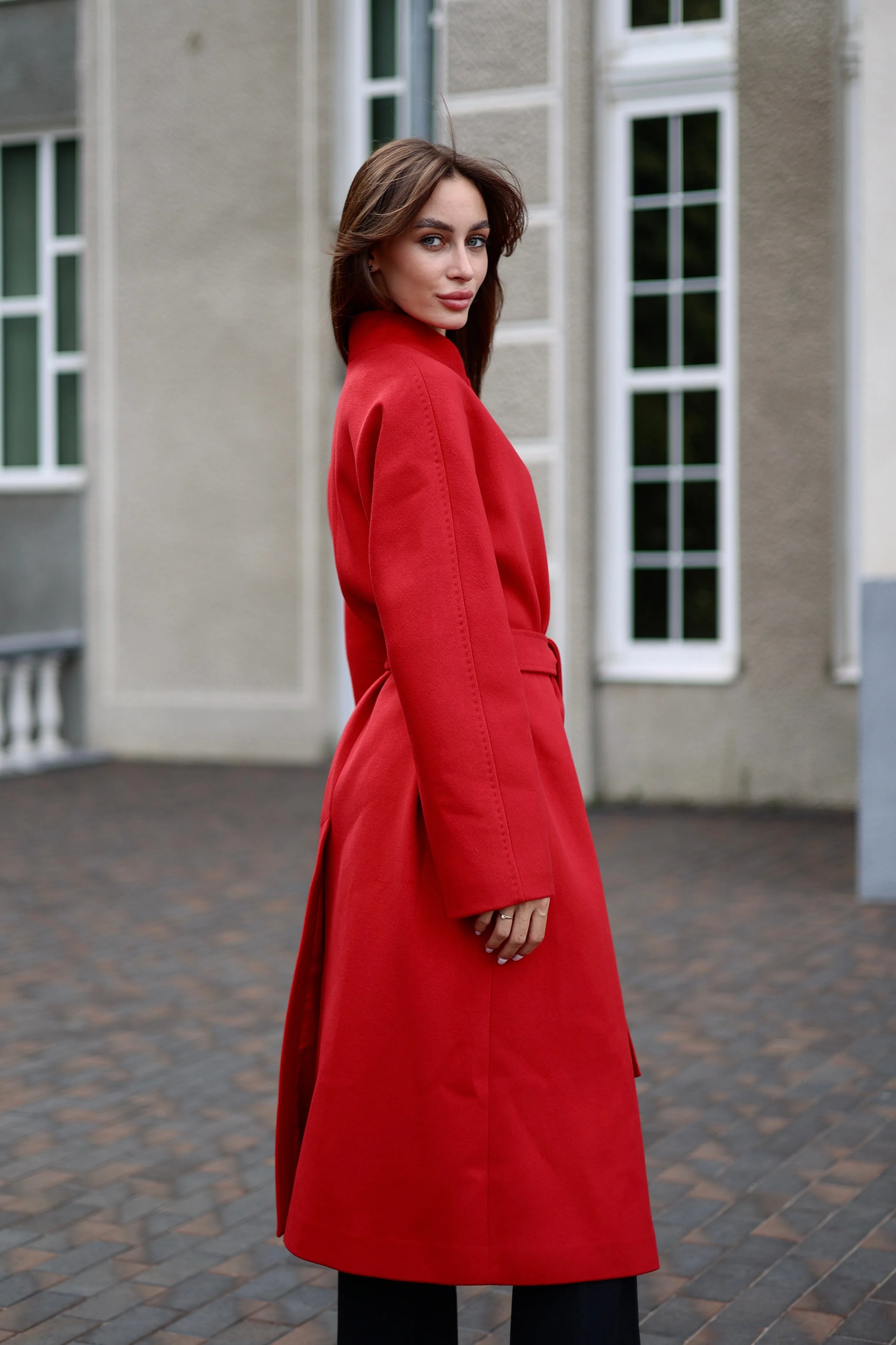 Band Collar Wool Blend Coat in Autumn Red