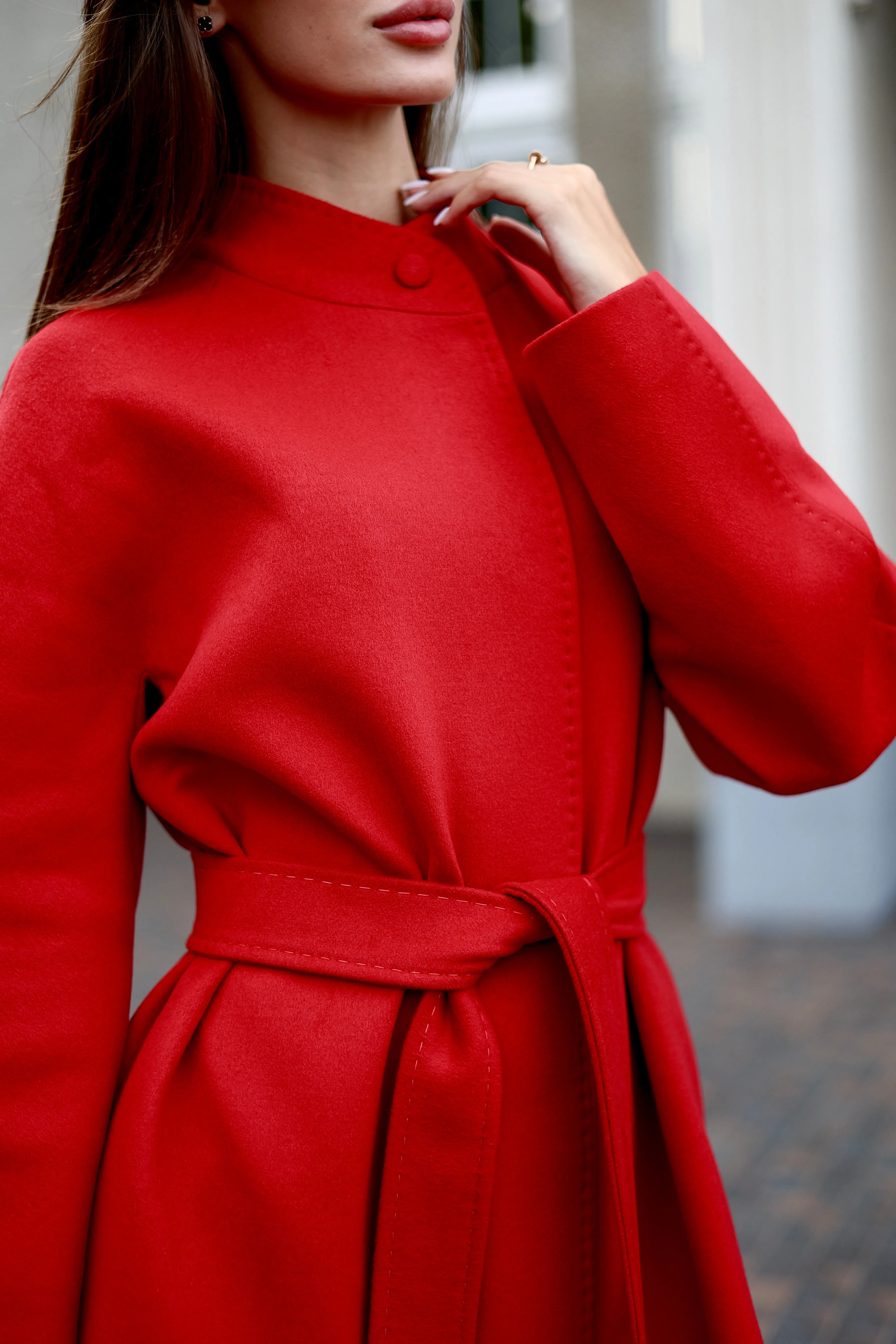 Band Collar Wool Blend Coat in Autumn Red