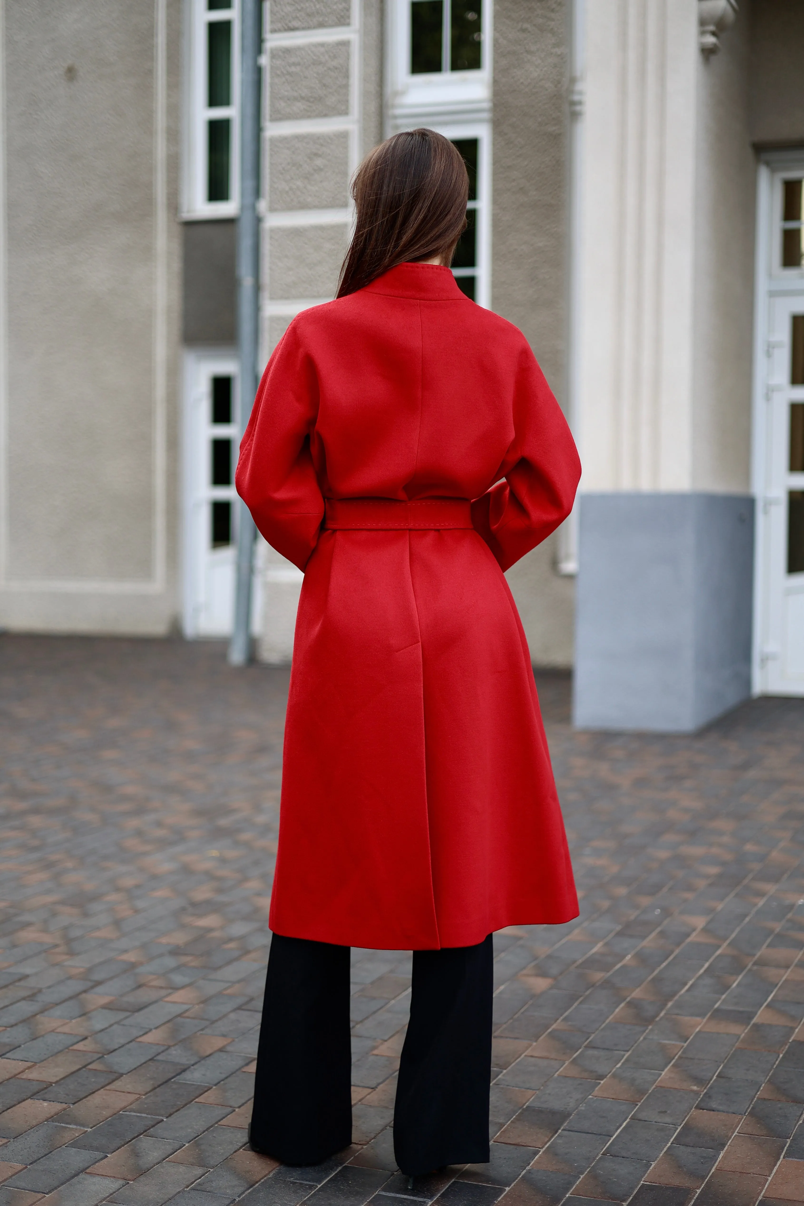 Band Collar Wool Blend Coat in Autumn Red