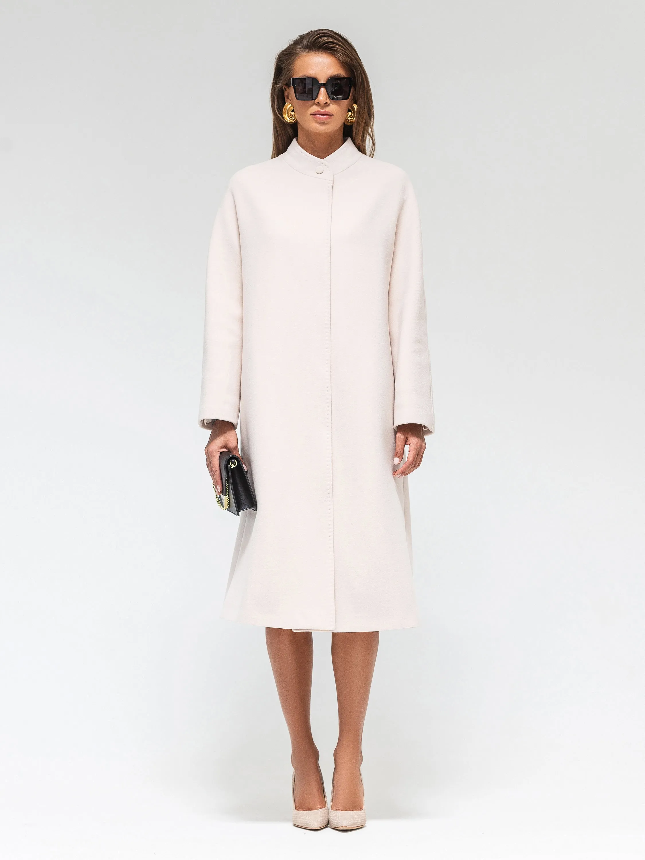 Band Collar Wool Blend Coat in Ivory