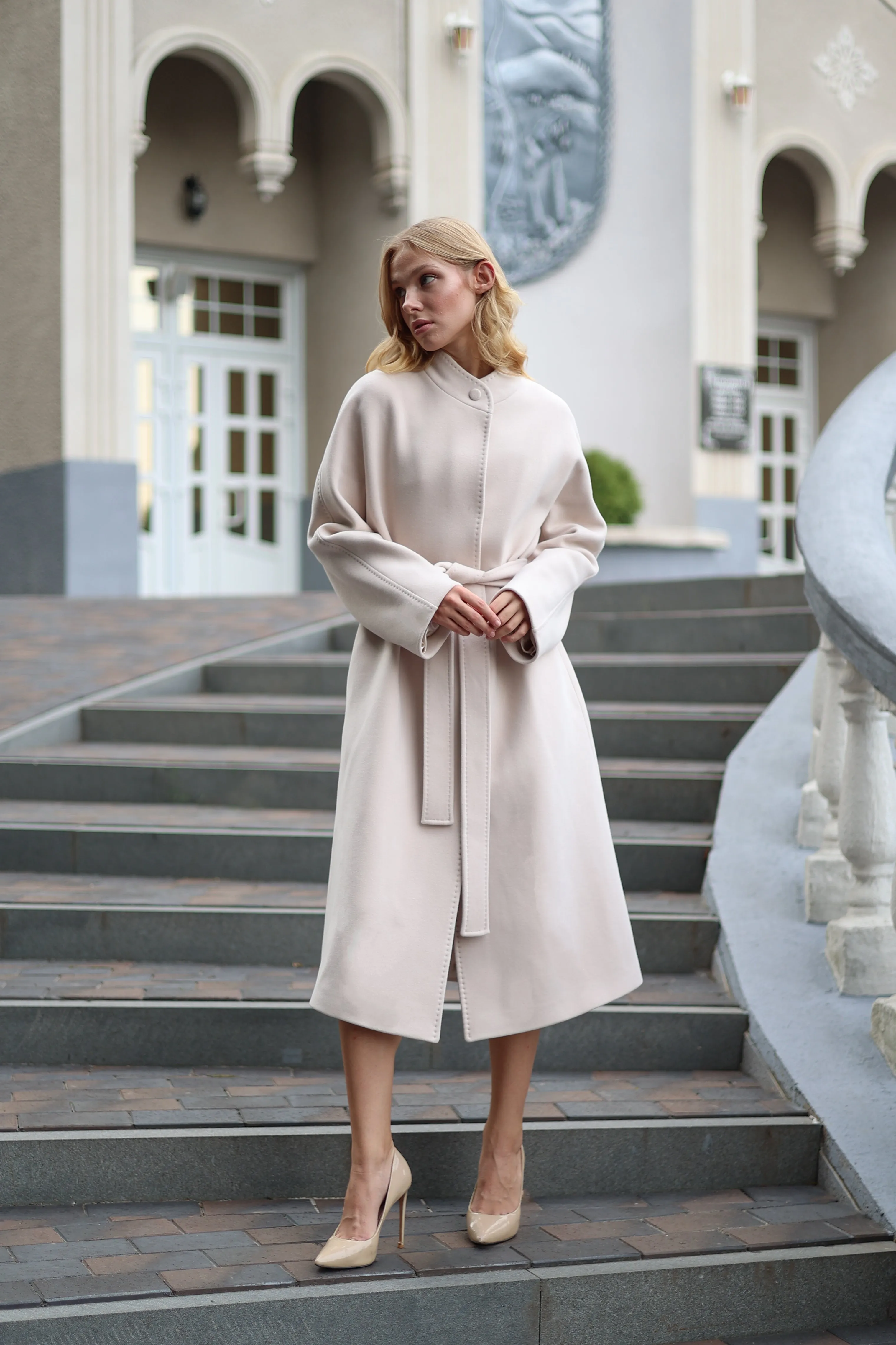 Band Collar Wool Blend Coat in Ivory