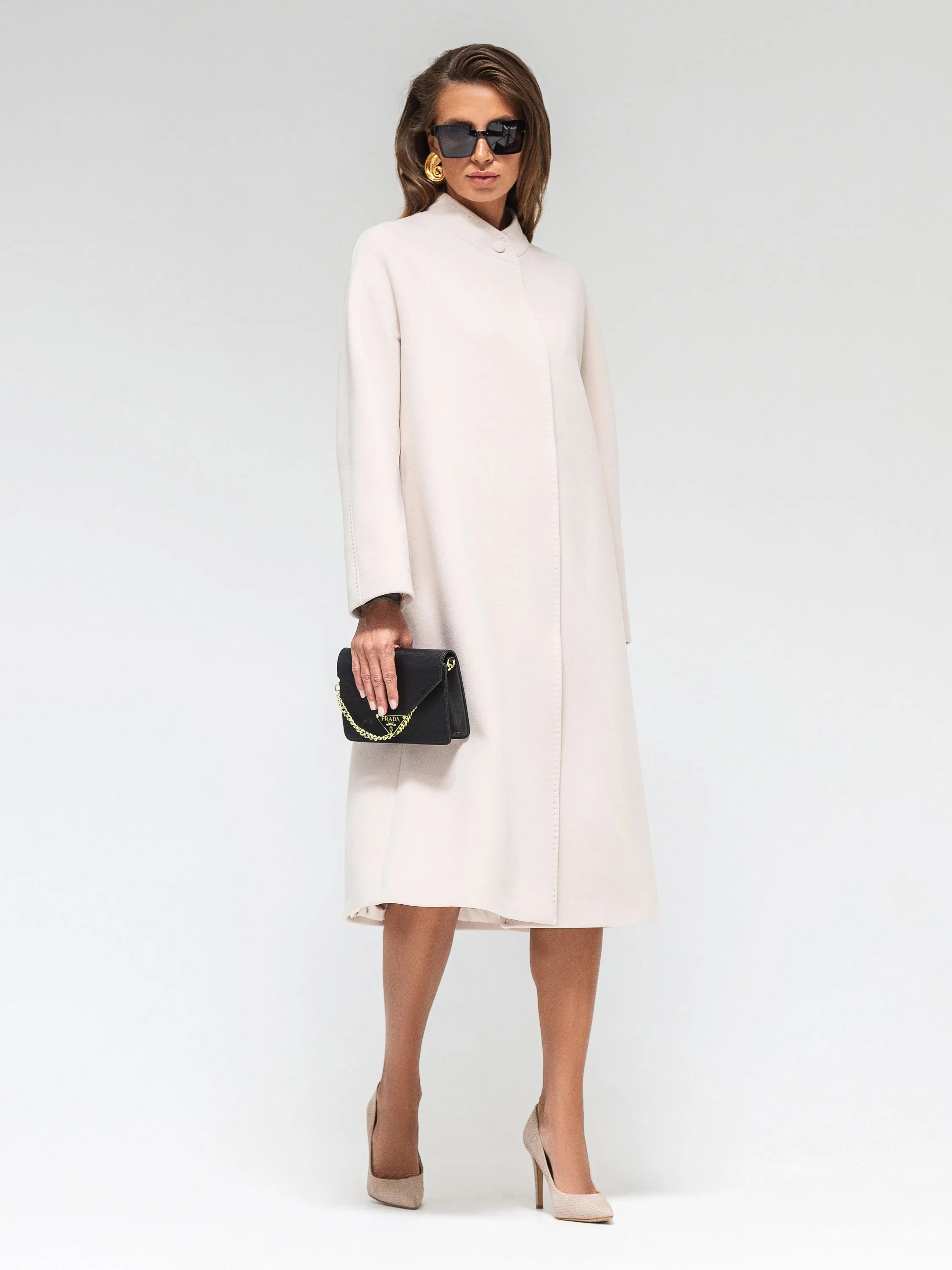 Band Collar Wool Blend Coat in Ivory