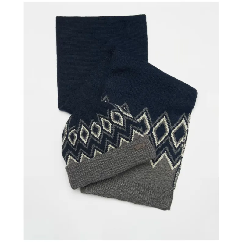 BARBOUR ELWICK FAIR ISLE BEANIE & SCARF GIFT SET MGS0049 - Navy