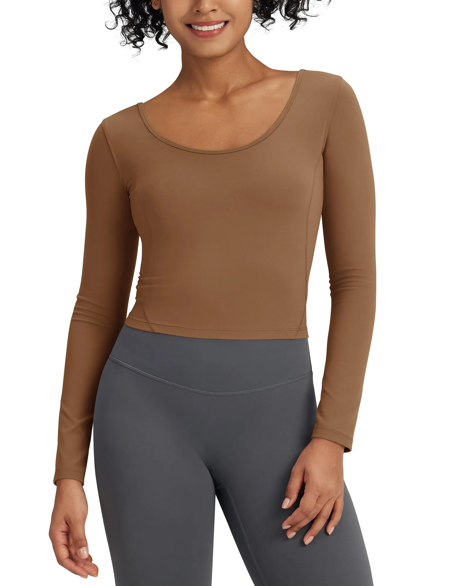 Barefeel Slim Scoop Neck Open Back Long Sleeve Workout Tops