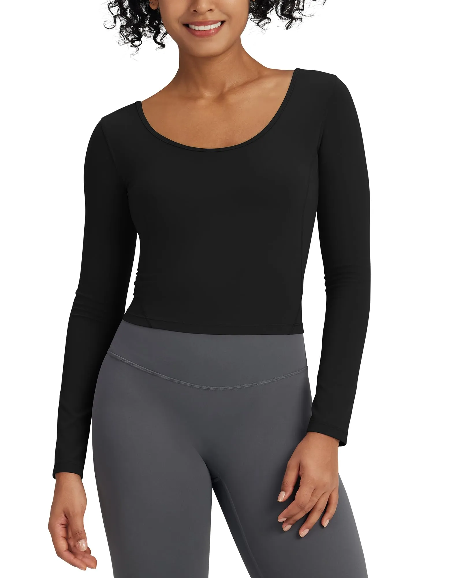 Barefeel Slim Scoop Neck Open Back Long Sleeve Workout Tops