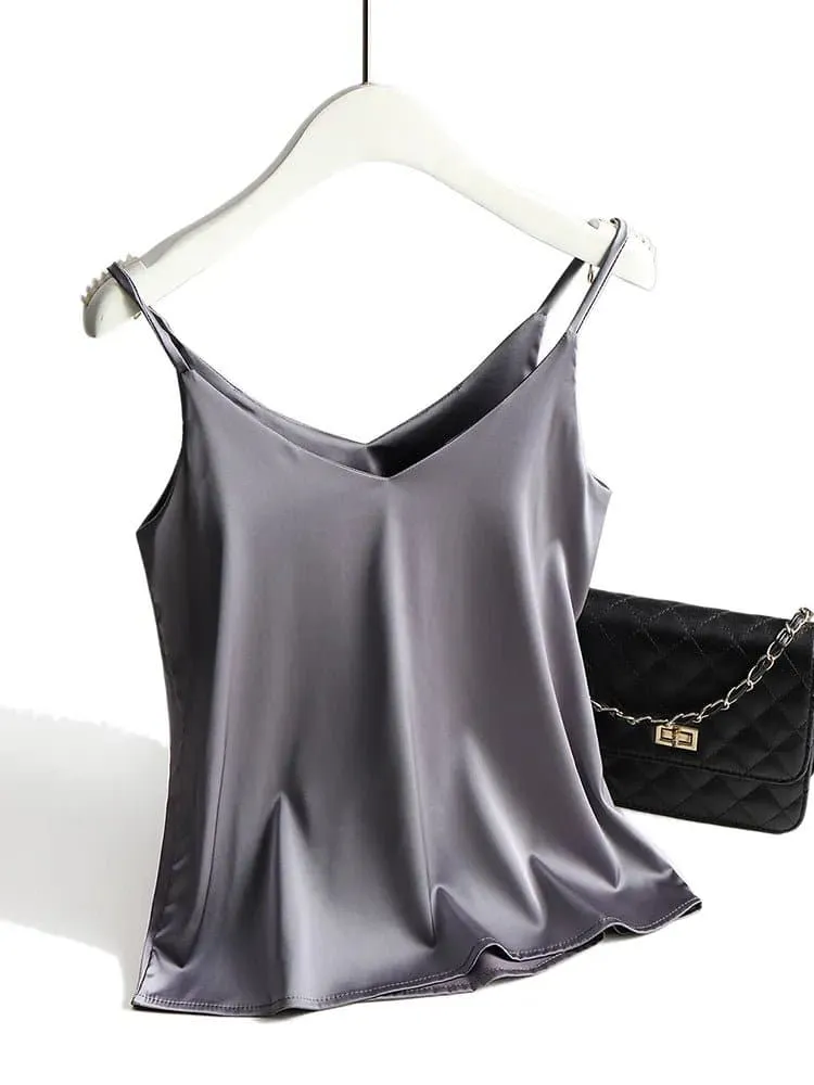 Basic Satin Camisole - Silk and Polyester Fabric, Regular Length, Available in Multiple Sizes and Colors