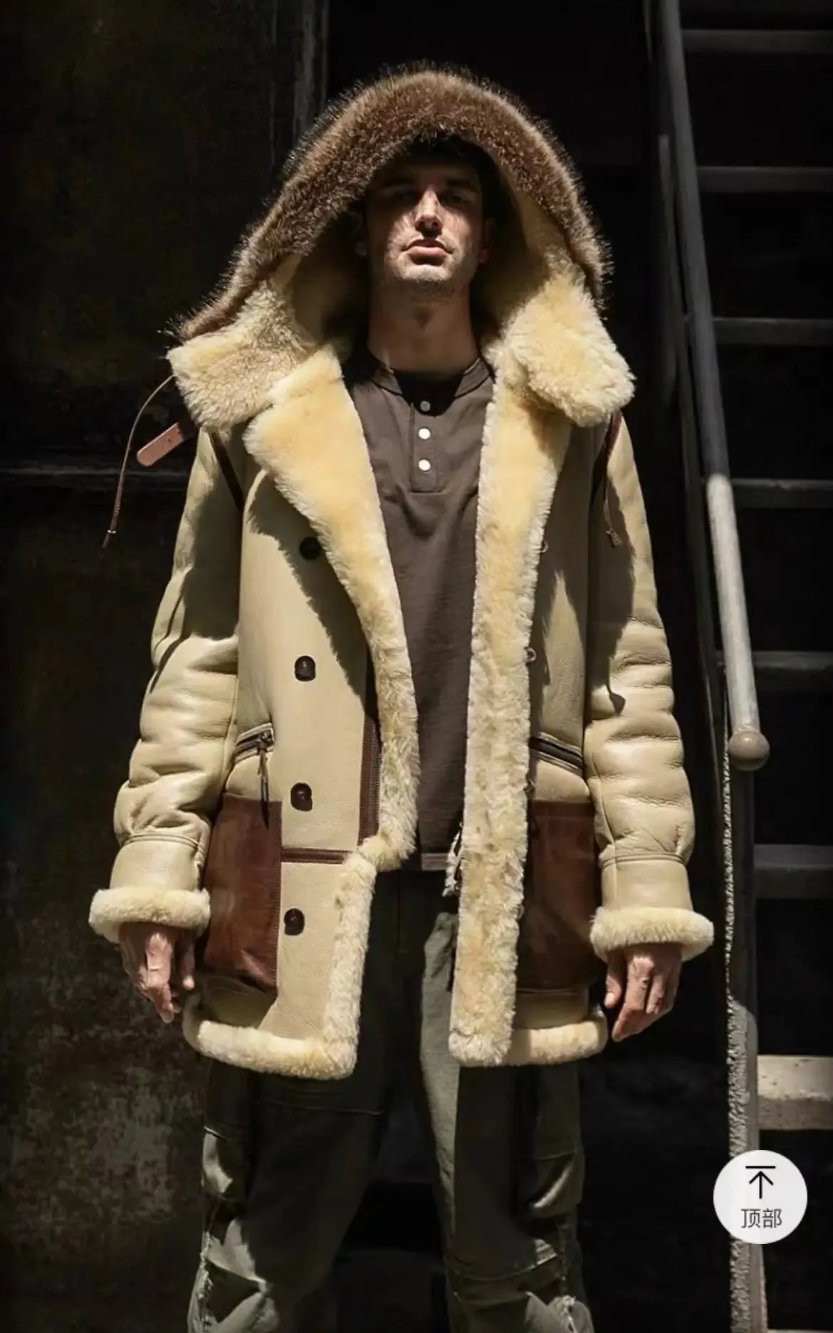 Beige Genuine Leather Shearling Fur Lining Long Coat Parkas