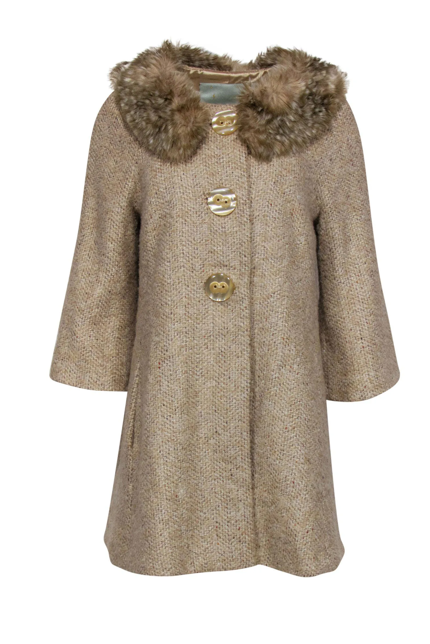 Beth Bowley - Beige Metallic Tweed Button-Up Coat w/ Faux Fur Collar Sz 10