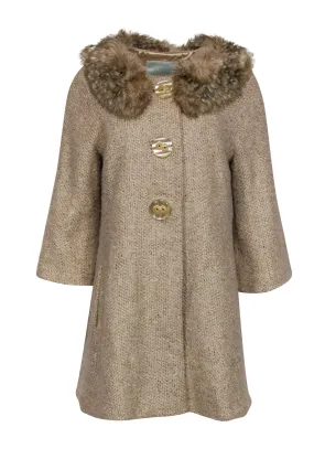 Beth Bowley - Beige Metallic Tweed Button-Up Coat w/ Faux Fur Collar Sz 10