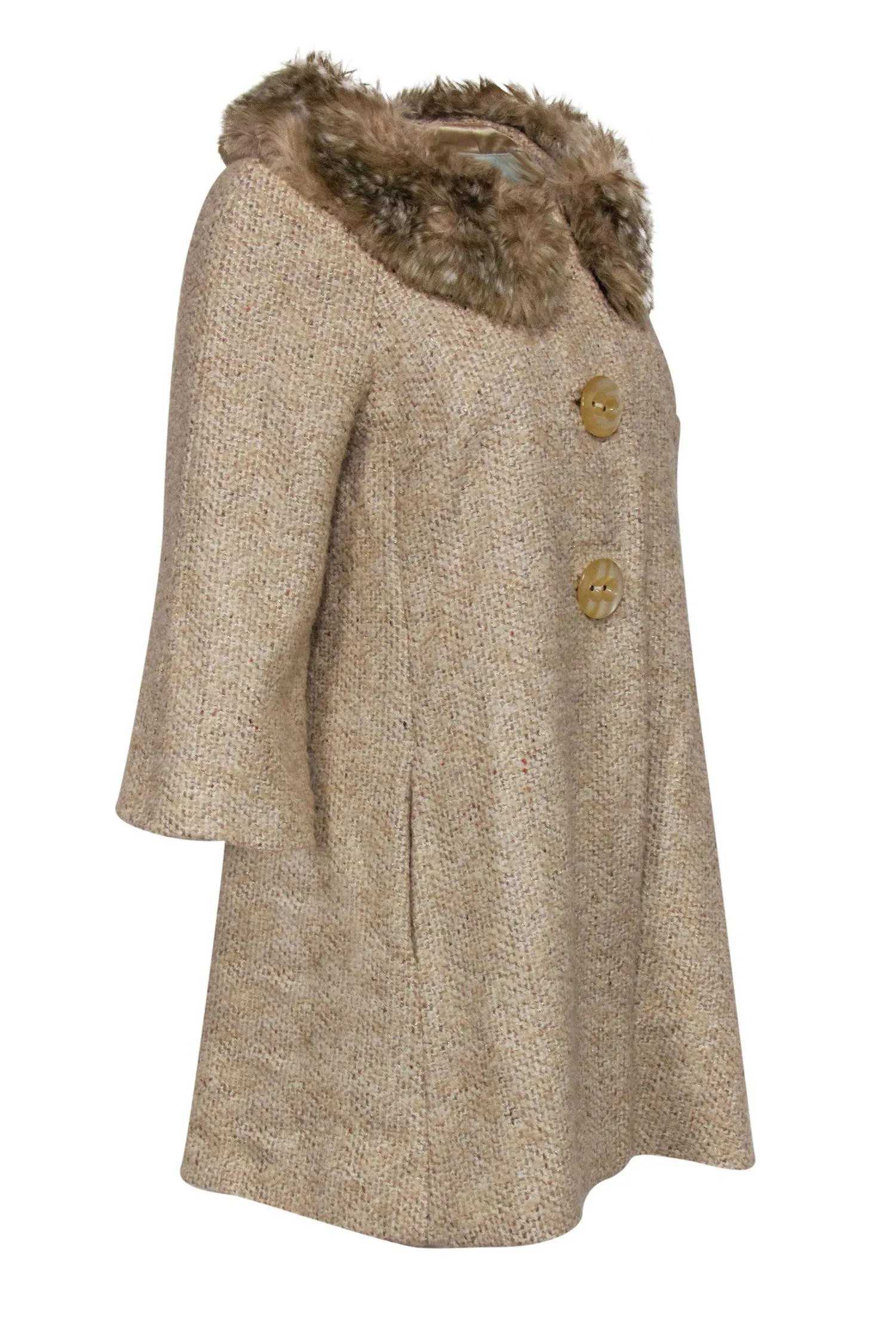 Beth Bowley - Beige Metallic Tweed Button-Up Coat w/ Faux Fur Collar Sz 10