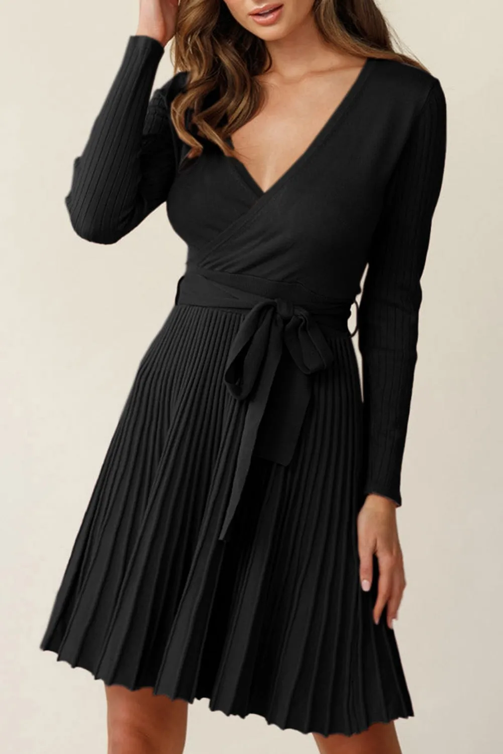 Black Belted Ribbed Pleated Midi Sweater Dress