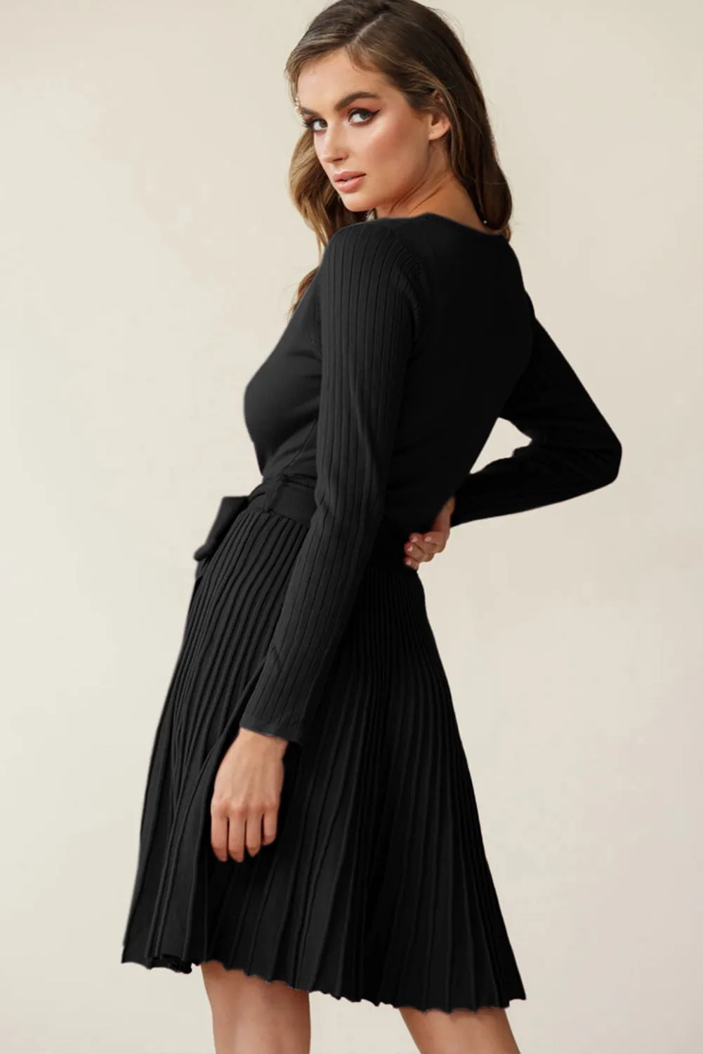 Black Belted Ribbed Pleated Midi Sweater Dress