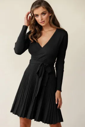 Black Belted Ribbed Pleated Midi Sweater Dress