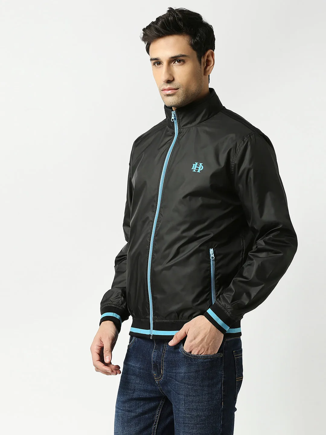 Black Bomber Jacket with Blue Trim