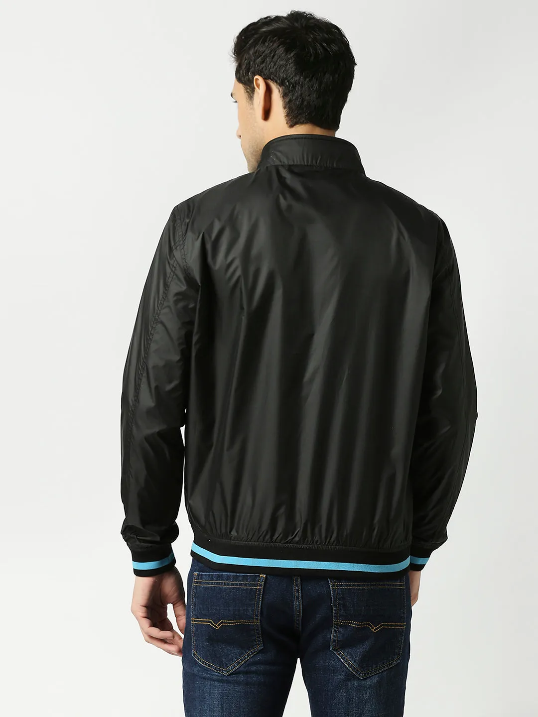 Black Bomber Jacket with Blue Trim