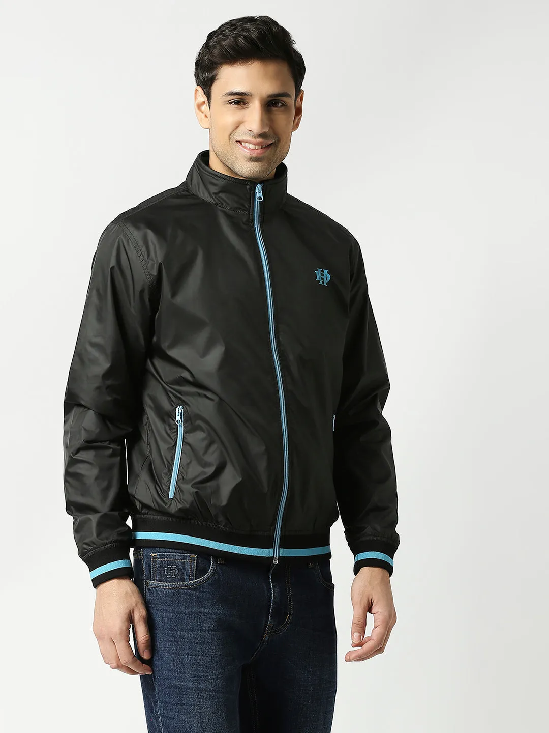 Black Bomber Jacket with Blue Trim