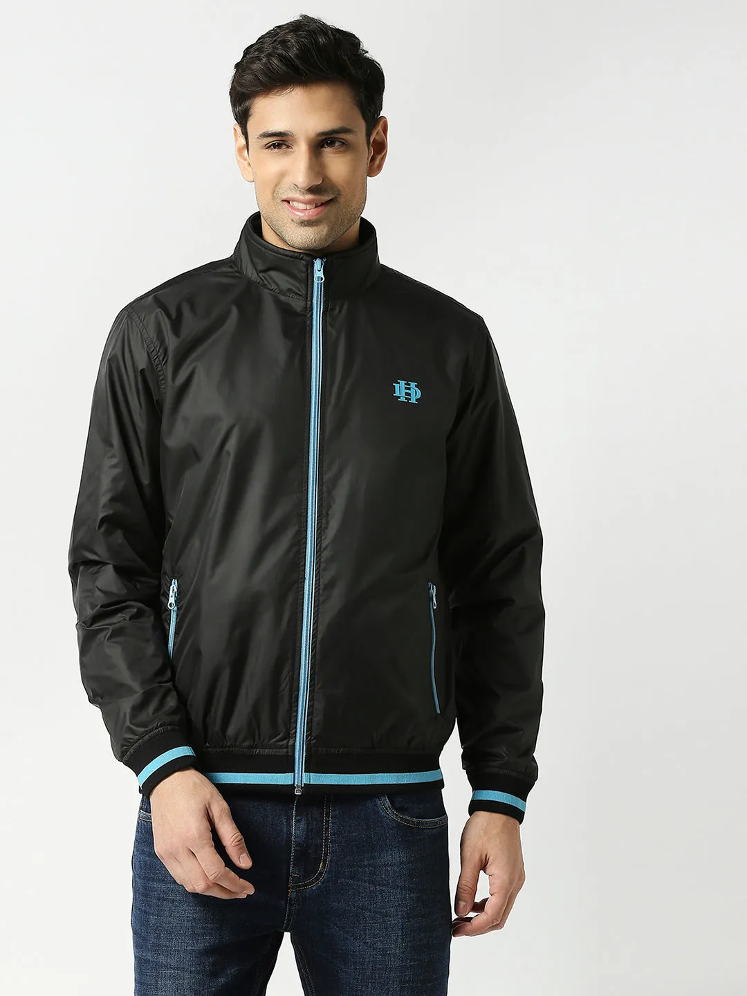 Black Bomber Jacket with Blue Trim