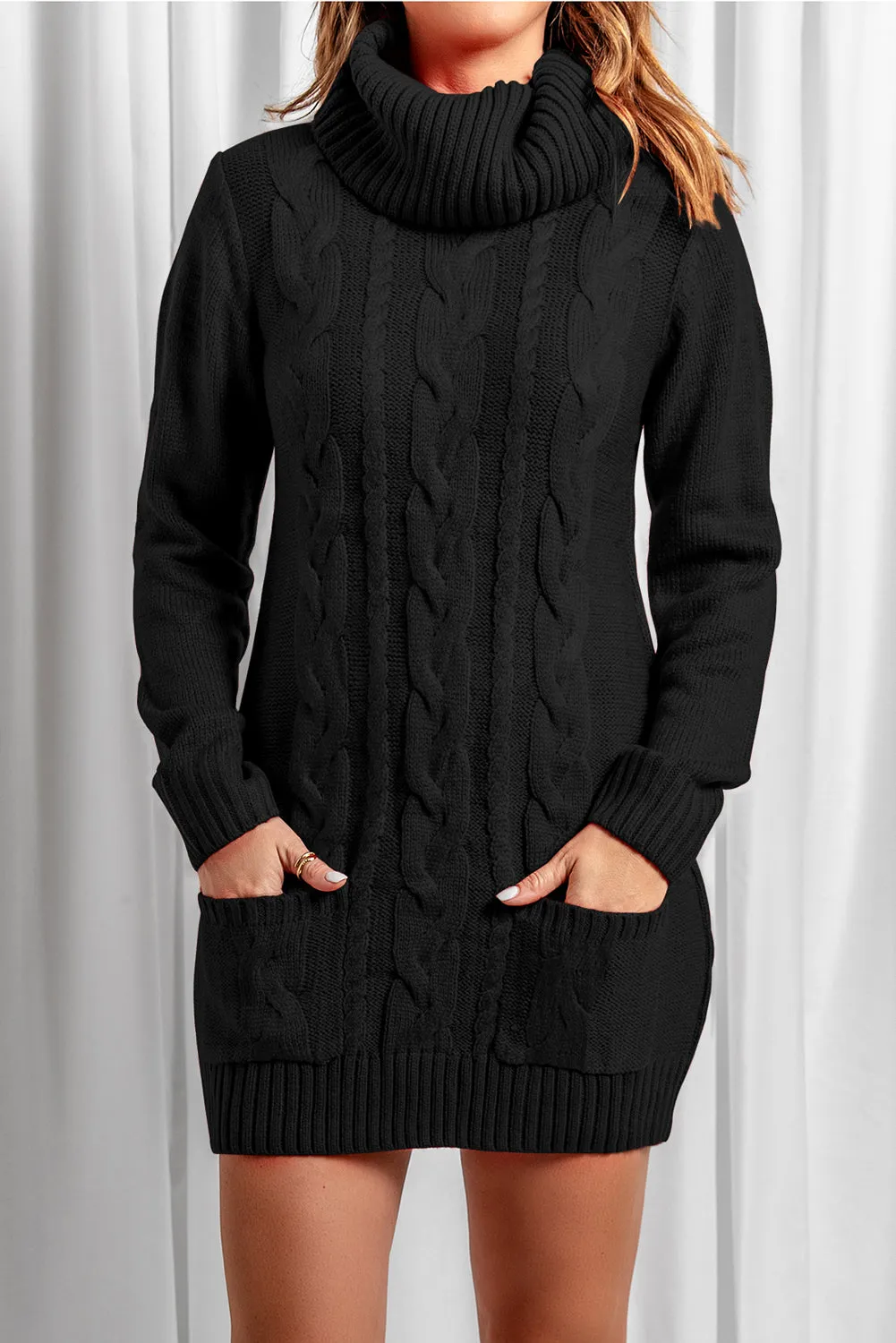 Black Cable Knit Pocketed Sweater Dress