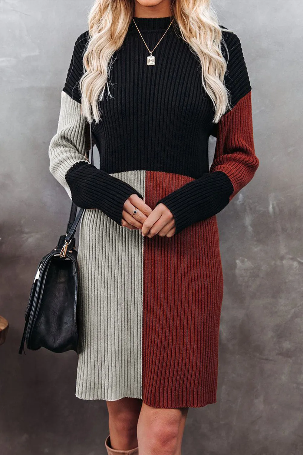 Black Color Block Knit Sweater Dress