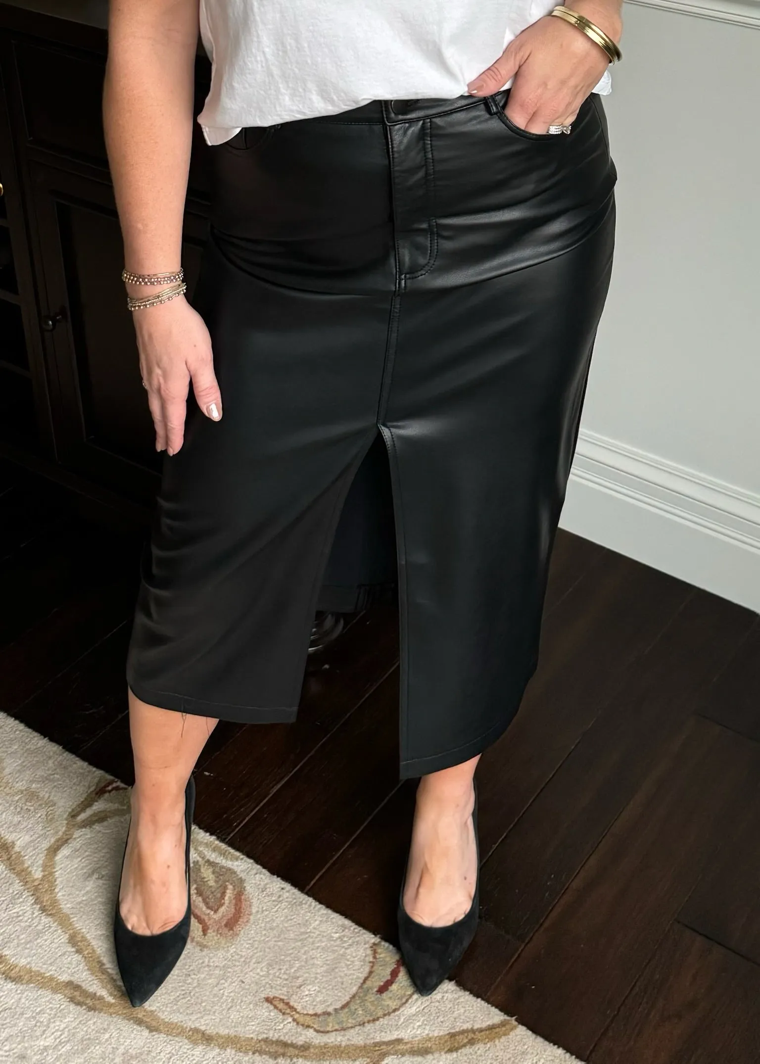 Black Faux Leather Midi Skirt