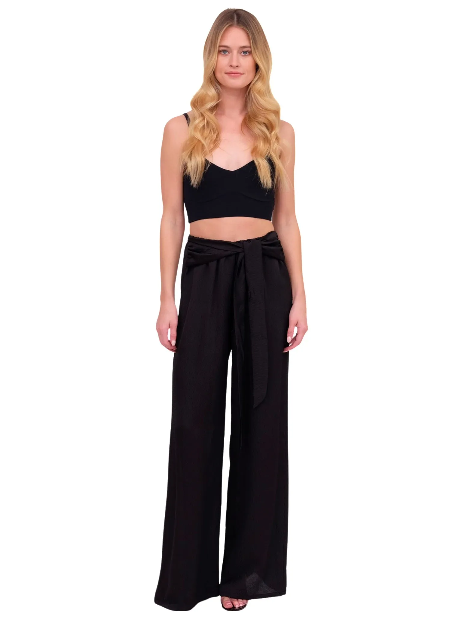 Black Hammered Satin Wide Leg Pants