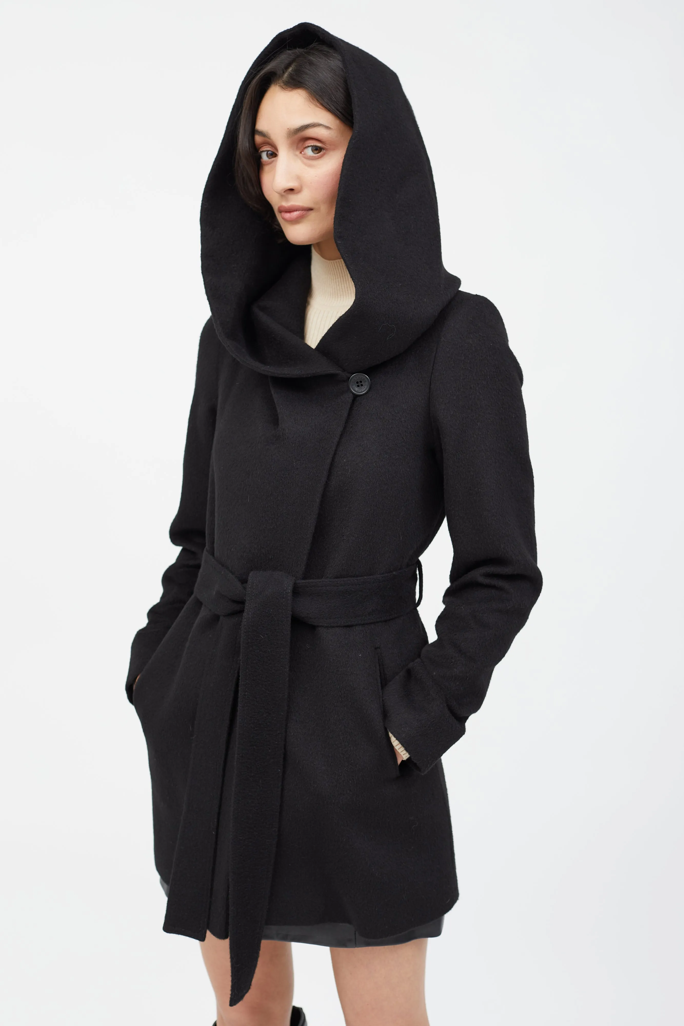 Black Merino Wool Hooded Belted Coat