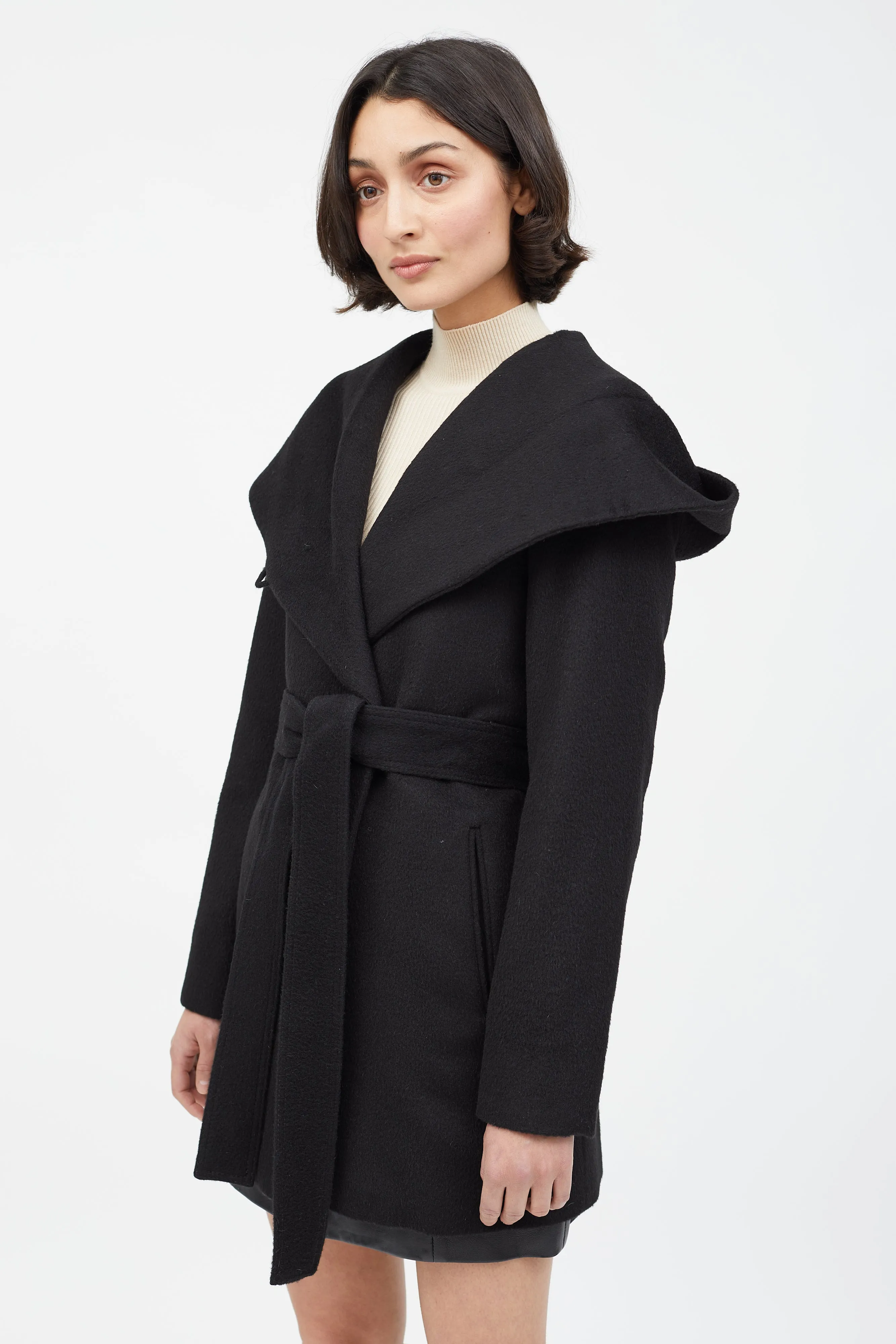 Black Merino Wool Hooded Belted Coat