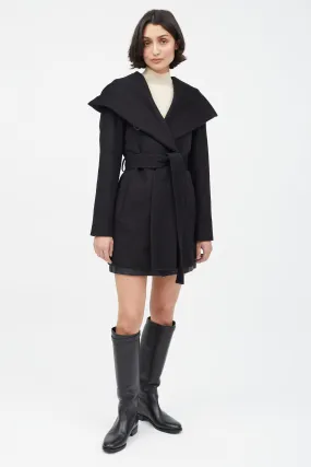 Black Merino Wool Hooded Belted Coat