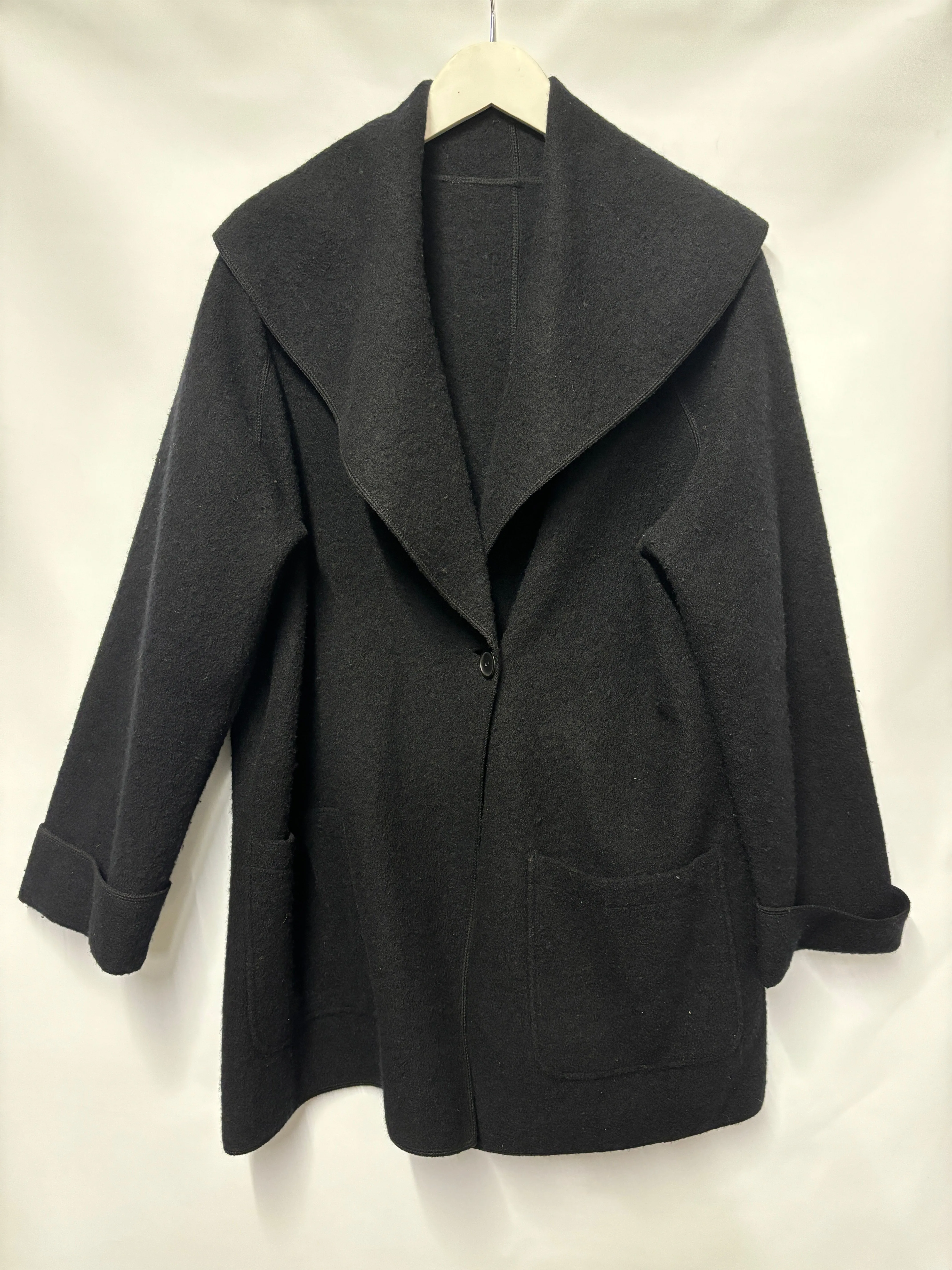 Black Merino Wool Hooded Coat Size Medium