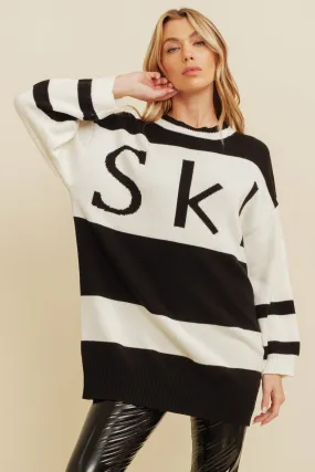 Black/Cream "SKI" Print Long Sleeve Knit Sweater Dress