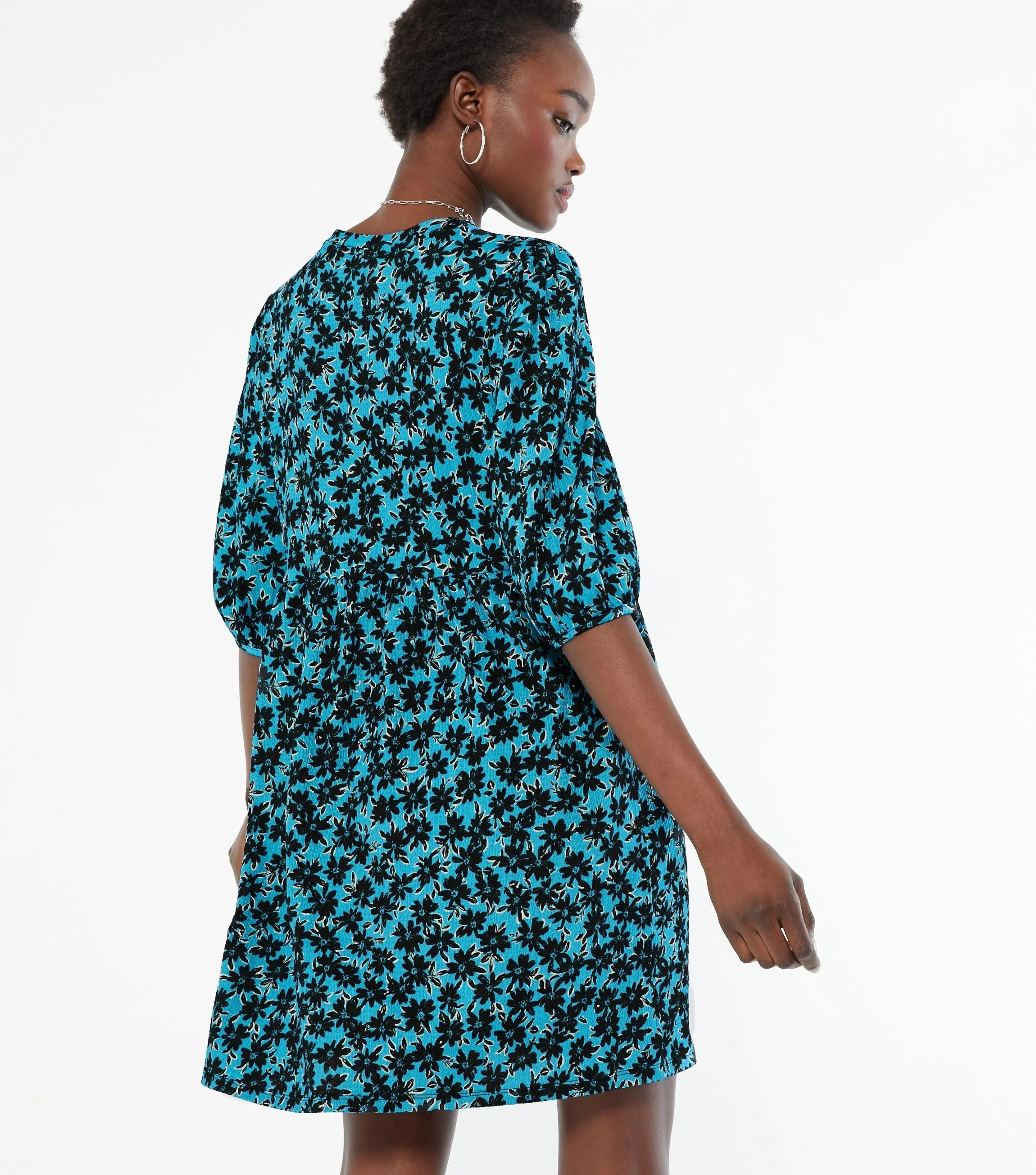 Blue Floral Mini Smock Dress