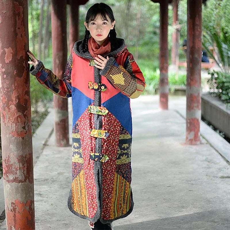 Boho Winter Patchwork Lamb Cashmere Thick Long Cotton Coat