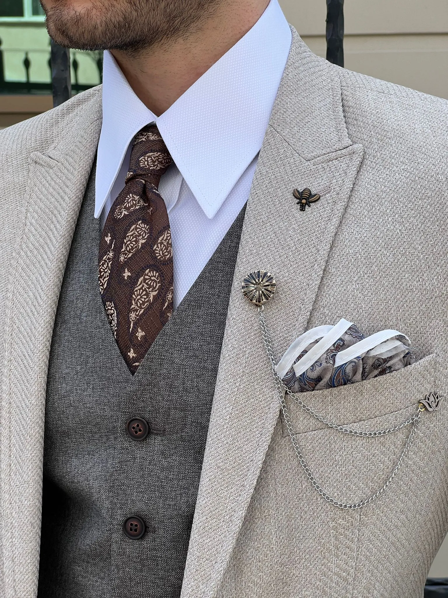 Bojoni Montebello Slim Fit High Quality Self Patterned Beige Suit